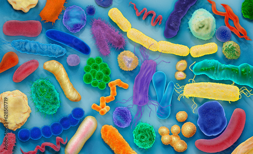 Different shapes and types of bacteria on a blue surface, representing germs, dirt, lack of hygiene, colorful 3d illustration