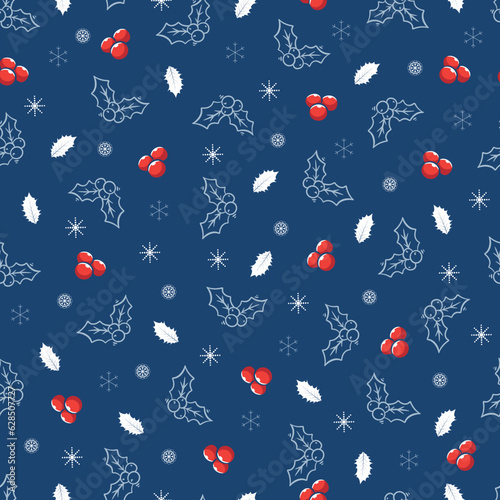 Holly leaves, mistletoes, snowflakes seamless pattern. Allover print Christmassy textured background of Christmas doodle motifs