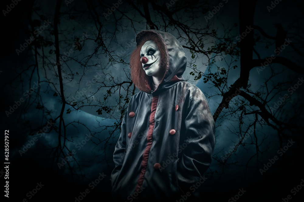 Scary evil clown wear jacket standing over dead tree, crow, full moon and spooky cloudy sky, Halloween mystery concept, Generative AI Scary evil clown wear jacket standing over dead tree, crow, full moon and spooky cloudy sky, Halloween mystery concept, Generative AI