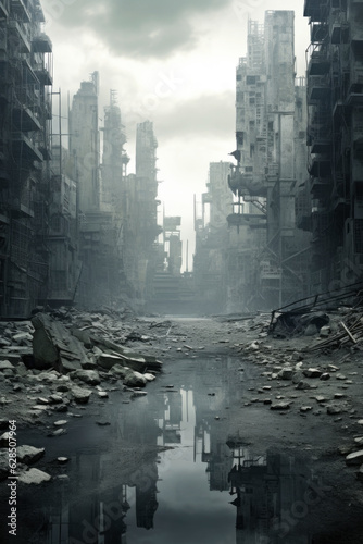 Dramatic view of destroyed building in city with debris and collapsing, Ghost city, Generative AI