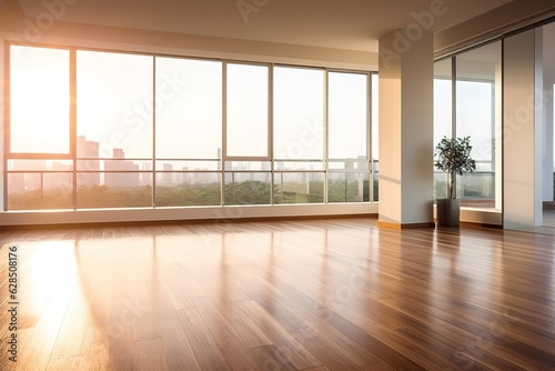 White empty room mock-up with brown curtain, white door and wood floor. 3D illustration | Modern living room interior with blank space and empty wall, Generative AI