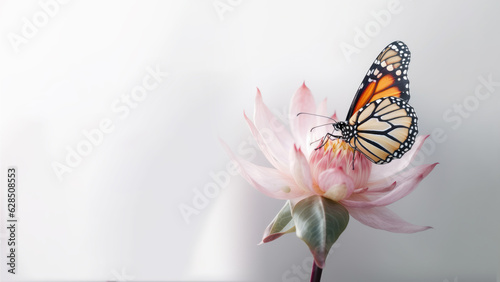 The monarch butterfly is perched on a pink lotus flower that is blooming with a blurred background photo