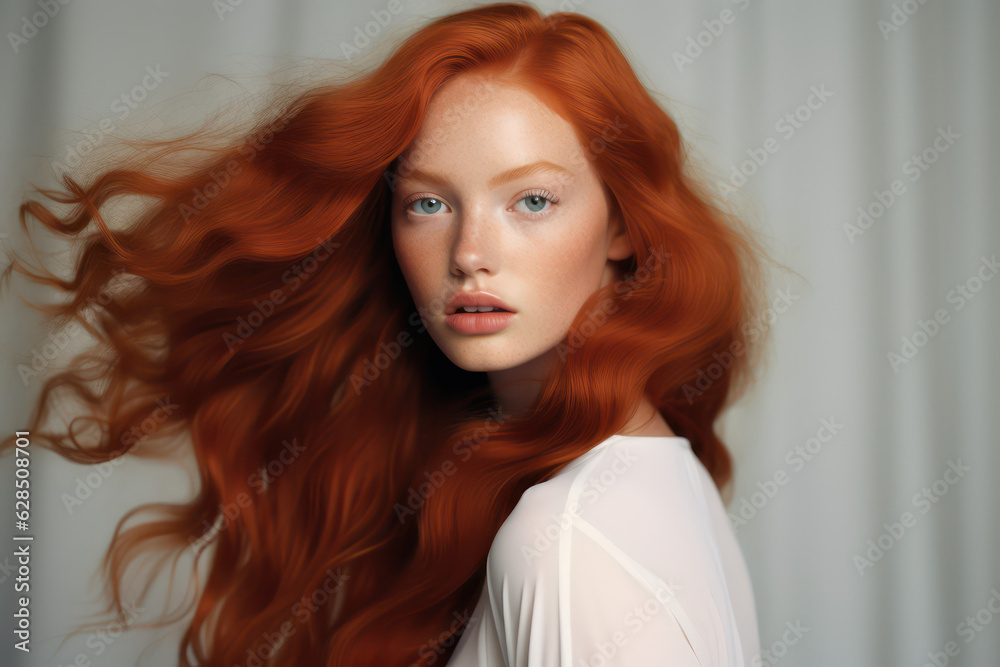 portrait of a woman/model/book character in a close up with long copper red hair in a fashion/beauty editorial advertisement magazine style film photography look redhead - generative ai art portrait of a woman/model/book character in a close up with long copper red hair in a fashion/beauty editorial advertisement magazine style film photography look redhead - generative ai art