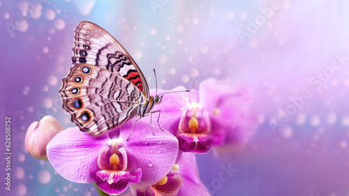 A peacock butterfly is perched on a purple orchid flower that is blooming with a blurred background