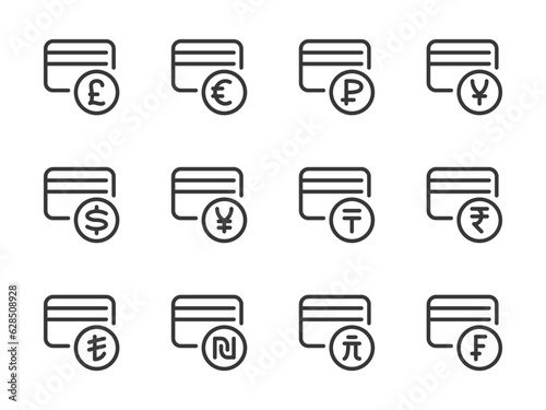 Credit Card and International Currencies vector line icons. Finance and Payment outline icon set. Dollar, Euro, Pound, Yen, Ruble, Frank, Lira and more.