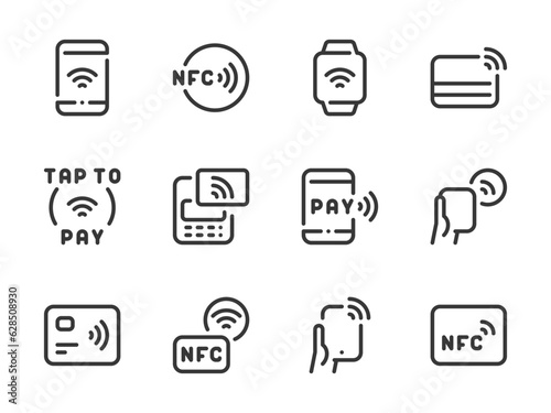 NFC and Contactless Payment vector line icons. Credit Card and Cashless Purchase outline icon set. Wireless Payment, Tap to Pay, Pos Terminal, Send Money and more.
