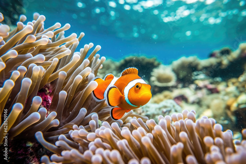 Underwater view of a clowfish swimming among coral reefs and marine life © pariketan