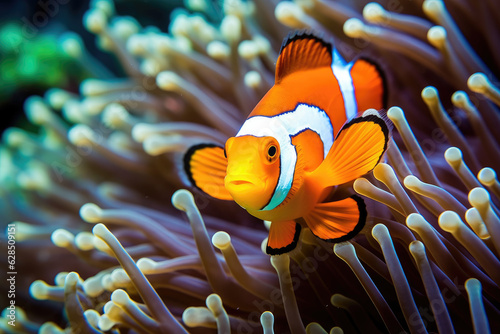 Underwater view of a clowfish swimming among coral reefs and marine life photo