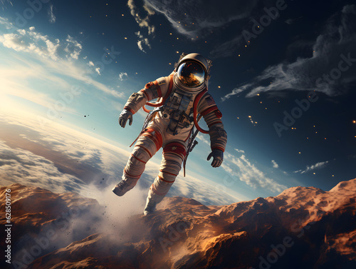 Astronaut at spacewalk. Astronaut in another planet. Cosmic art, science fiction wallpaper. Beauty of deep space. Billions of galaxies in the universe. NASA
