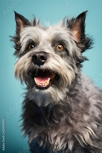 happy old gray and black terrier dog on plain blue studio background