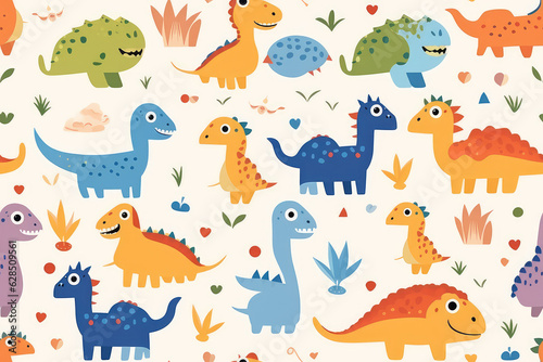 Cute seamless pattern of lots of cartoon doodle dinosaurs. Pastel delicate light colors, repeat dino animals texture, baby pattern. © SnowElf