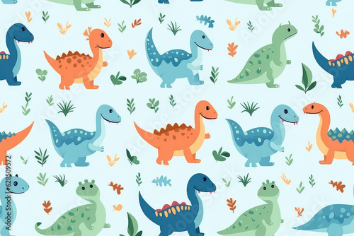 Cute seamless pattern of lots of cartoon doodle dinosaurs. Pastel delicate light colors, repeat dino animals texture, baby pattern. © SnowElf