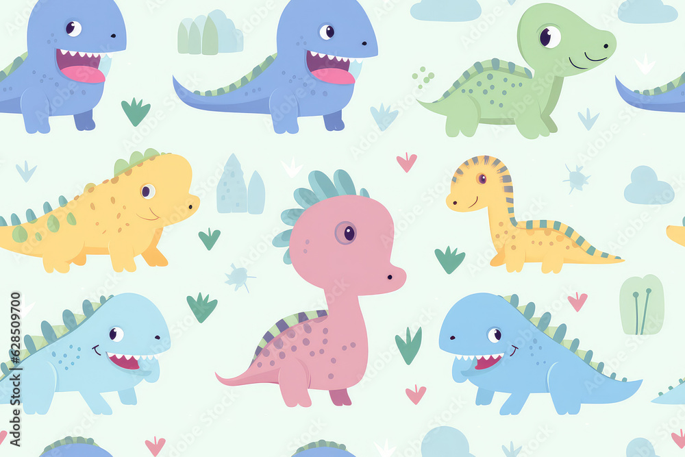 Cute seamless pattern of lots of cartoon doodle dinosaurs. Pastel delicate light colors, repeat dino animals texture, baby pattern. Cute seamless pattern of lots of cartoon doodle dinosaurs. Pastel delicate light colors, repeat dino animals texture, baby pattern.