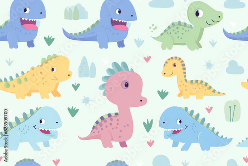 Cute seamless pattern of lots of cartoon doodle dinosaurs. Pastel delicate light colors  repeat dino animals texture  baby pattern.