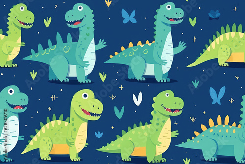 Cute seamless pattern of lots of cartoon doodle dinosaurs isolated on flat dark blue background  repeat dino animals texture  baby pattern.