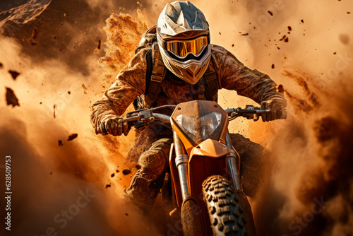 Motocross riders in action at desert, front view