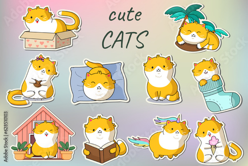 Cute Kawaii Cats in funny poses - vector set. Funny cartoon cats print or sticker design. Adorable kawaii pet animals.