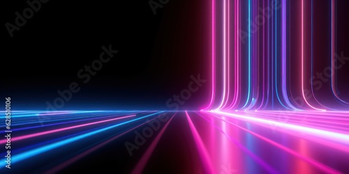3d render, abstract neon background with pink and blue neon lines and reflection on the floor