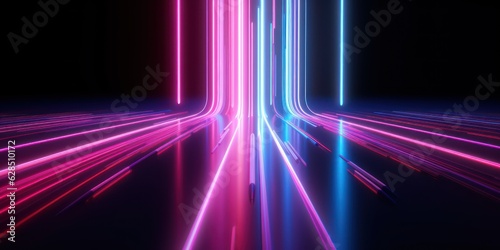 3d render, abstract neon background with pink and blue neon lines and reflection on the floor