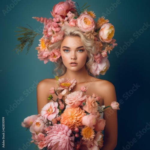 Floral spring concept of fresh spring vivid color flowers on the face and body of a young beautiful attractive girl. Abstract portrait. Generative AI.