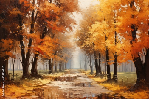 Alley in autumn park, path after rain with puddles. Generative AI