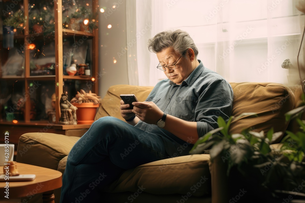 Senior uses mobile app to refill prescription at home. Photo generative AI Senior uses mobile app to refill prescription at home. Photo generative AI