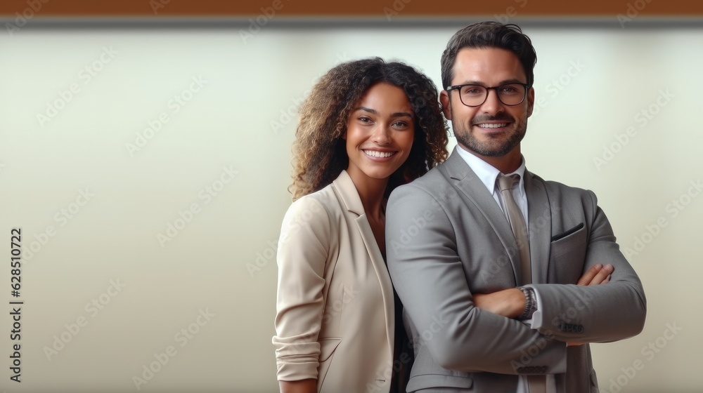 Portrait of happy multi ethnic business couple posing in office, Concept of insurance, Marketing and financial advice. Portrait of happy multi ethnic business couple posing in office, Concept of insurance, Marketing and financial advice.