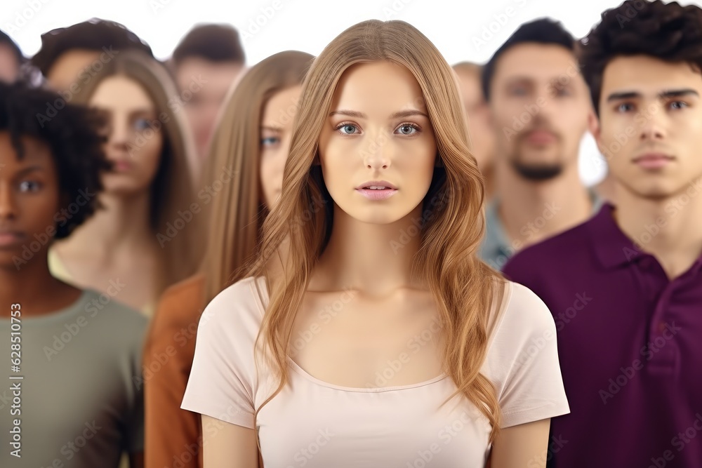Frustrated young woman standing among multi ethnic group of people. Frustrated young woman standing among multi ethnic group of people.