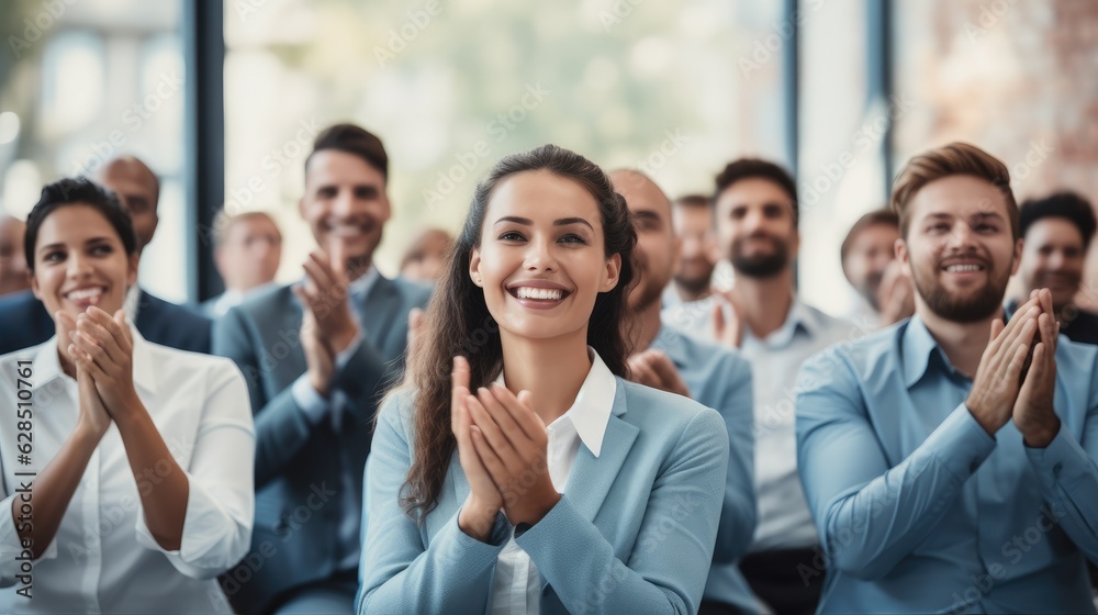 Team and employees clapping hands for success, Support, Achievement and diverse group of people applauding together in business meeting