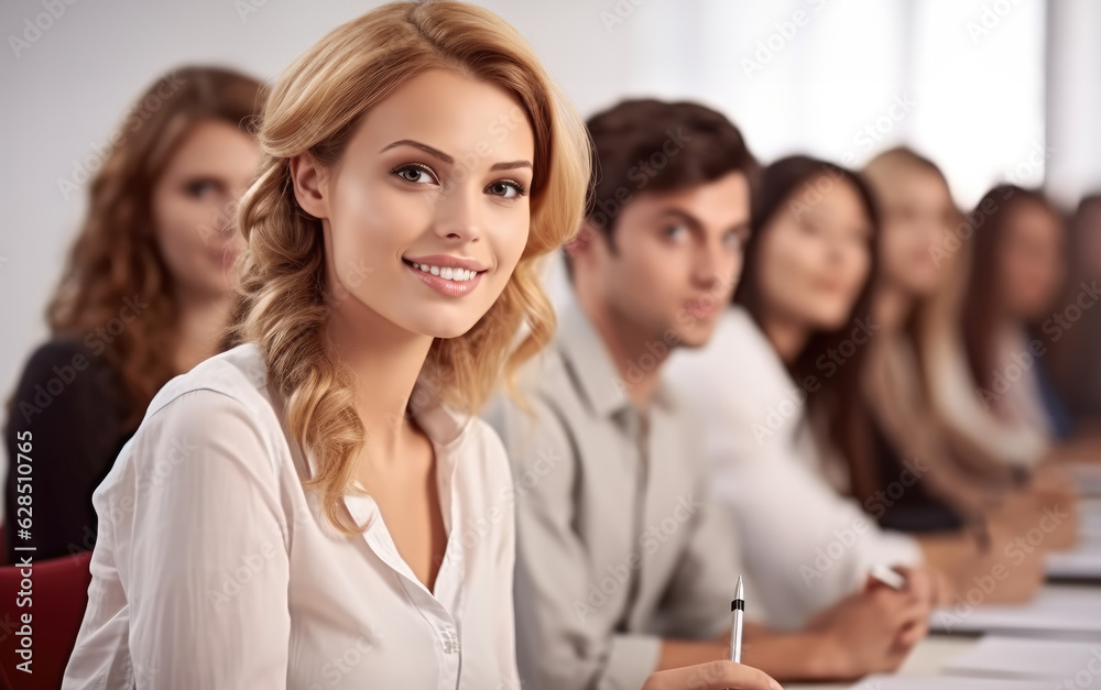 Attractive young woman smiling at the seminar with other people sitting behind her in a row. Attractive young woman smiling at the seminar with other people sitting behind her in a row.