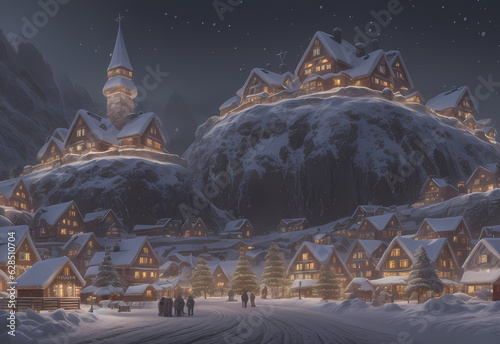 winter landscape in the mountains with a small village at night in the snow - digital painting