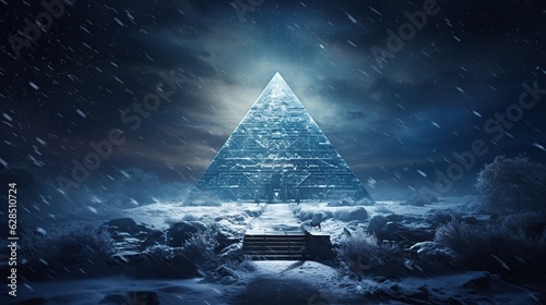 blue pyramid in a snowfall at night generative ai