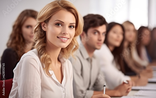 Attractive young woman smiling at the seminar with other people sitting behind her in a row.
