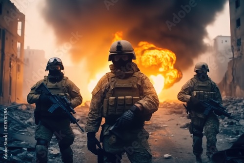 Fotografija Army soldier in action on war, Great explosion with fire and smoke billows