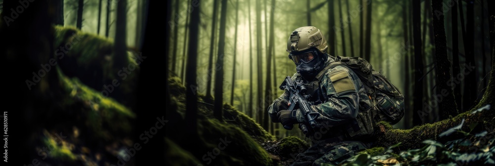 Camouflage tactical commando soldier in green forest.