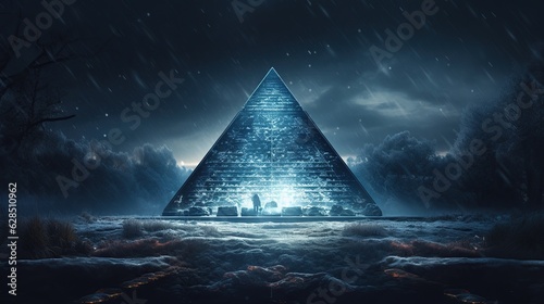 blue pyramid in a snowfall at night generative ai