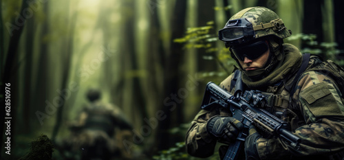 Guerilla warfare, world war, D-day, Soldiers in the forest, Military Operation in Action.