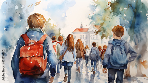 watercolor painting drawing a group of friends  school children go back to school view from the back with backpacks © kichigin19