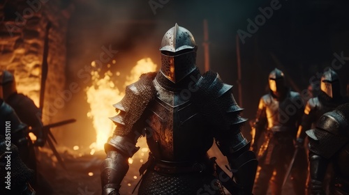 Knight in armor on the battlefield, Fantasy medieval battle.