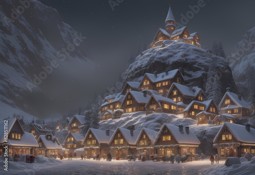 winter landscape in the mountains with a small village at night in the snow - digital painting