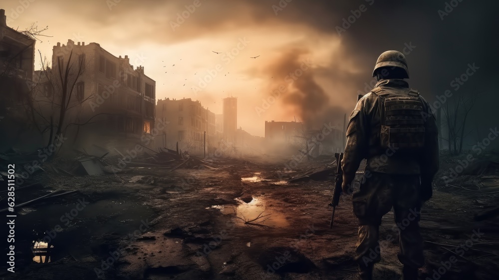 Soldier in the middle of a war in an apocalyptic city, Military operation.