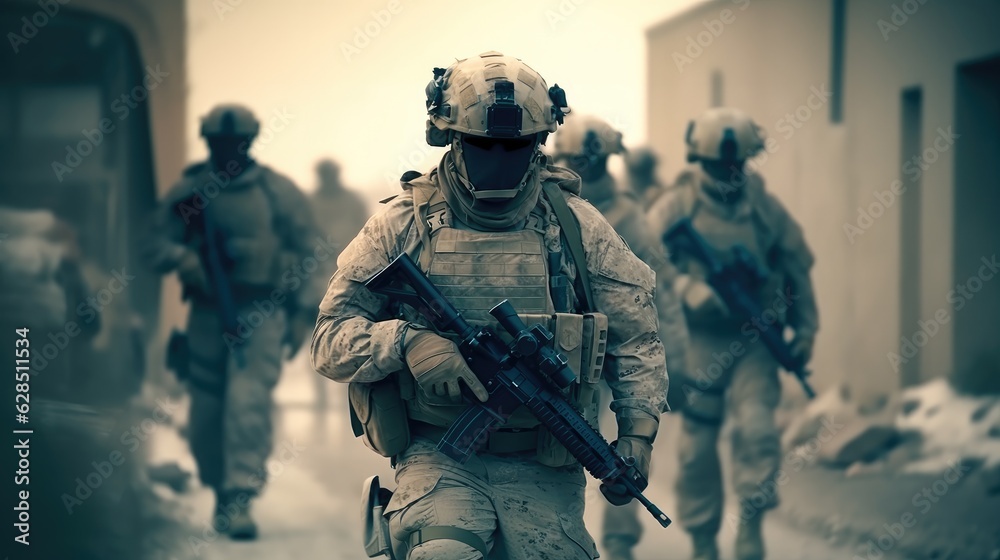 Soldiers in military gear and bulletproof vests and gas masks cover each other, In full combat readiness to break through the smoke from chemical weapons.