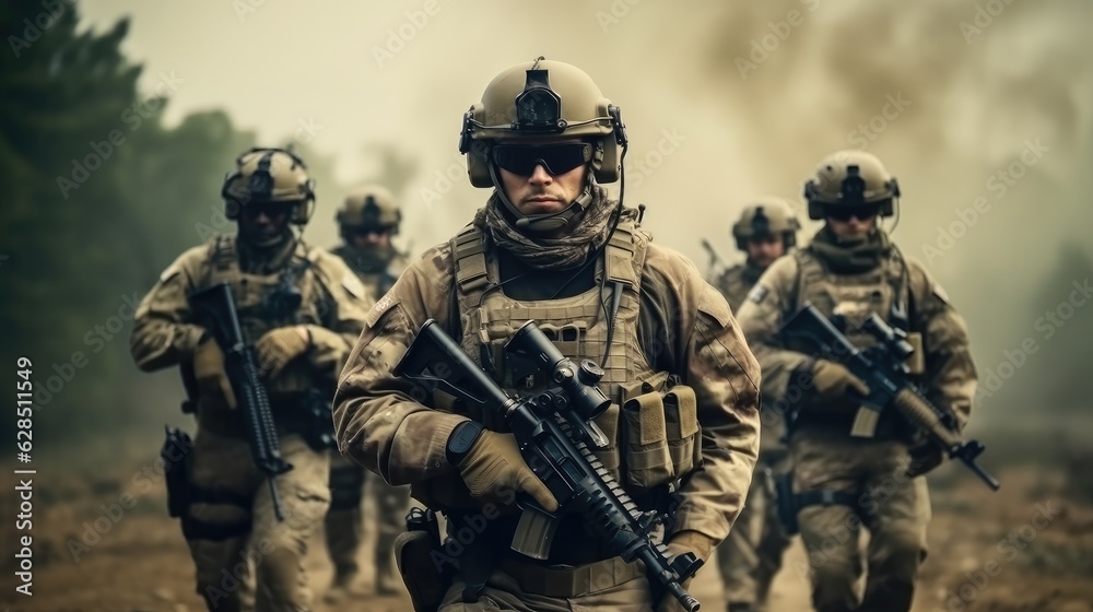 A group of special forces soldiers, Team of United states airborne infantry men with weapons moving patrolling desert.