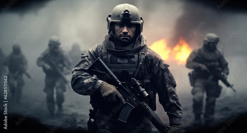 Military person with a gun on a battlefield in a ruined city, War Concept.