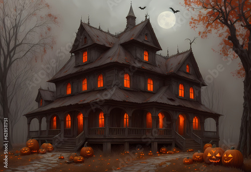 haunted house / spook house / ghost house / halloween house with red glowing windows in autumn with trees in background - digtal painting - illustration