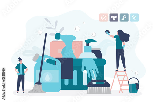 Cleaning service or company, concept. Housekeeping, women workers with various cleaning tools. Woman team doing housework. Professional occupation. Female janitor washing wall and furniture.