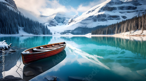 Old Brown Boat in Serene Lake Amidst Snowy Mountains - A Winter Wonderland Retreat