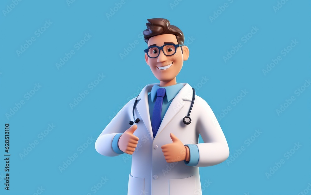 3d render, cartoon character. Black doctor wears glasses, shows finger up. Medical health care clip art isolated on blue background. Idea or solution concept