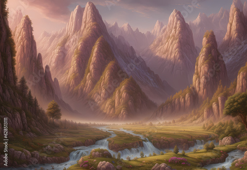 mountains with trees, meadow, clouds and mist - valley landscape wallpaper - fantasy - painted illustration - concept art - background