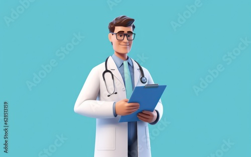 3d render, cartoon character smart trustworthy doctor wears glasses and holds blue clipboard. Professional caucasian male specialist. Medical clip art isolated on blue background. Hospital assistant photo